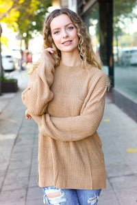 Classy Chic Mock Neck Chest Pocket Knit Sweater in Taupe