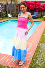 Load image into Gallery viewer, Vacay Vibes Hot Pink &amp; Blue Smocked Color Block Maxi Dress
