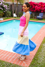 Load image into Gallery viewer, Vacay Vibes Hot Pink &amp; Blue Smocked Color Block Maxi Dress
