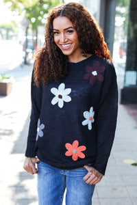 Eyes On You Flower Patch Oversized Knit Sweater in Black