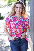 Load image into Gallery viewer, Summer Vibes Fuchsia Abstract Print Frill Notch Neck Puff Sleeve Top
