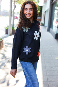 Eyes On You Flower Patch Oversized Knit Sweater in Black