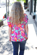 Load image into Gallery viewer, Summer Vibes Fuchsia Abstract Print Frill Notch Neck Puff Sleeve Top
