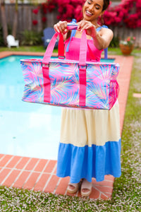 Collapsible Canvas Strap Tote in Pink & Blue Tropical Print