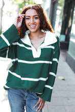 Load image into Gallery viewer, Fall For You Stripe Notched Neck Collared Oversized Sweater in Hunter Green
