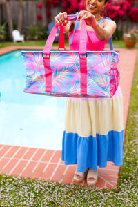Collapsible Canvas Strap Tote in Pink & Blue Tropical Print