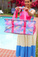 Load image into Gallery viewer, Collapsible Canvas Strap Tote in Pink &amp; Blue Tropical Print
