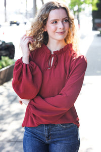 Feeling Femme Burgundy Frilled Edge V Neck Tie Top