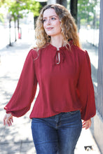 Load image into Gallery viewer, Feeling Femme Burgundy Frilled Edge V Neck Tie Top
