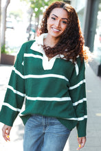 Load image into Gallery viewer, Fall For You Stripe Notched Neck Collared Oversized Sweater in Hunter Green
