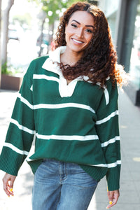 Fall For You Stripe Notched Neck Collared Oversized Sweater in Hunter Green