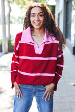 Load image into Gallery viewer, Fall For You Stripe Notched Neck Collared Oversized Sweater in Crimson
