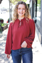 Load image into Gallery viewer, Feeling Femme Burgundy Frilled Edge V Neck Tie Top
