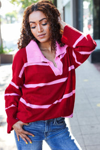 Fall For You Stripe Notched Neck Collared Oversized Sweater in Crimson