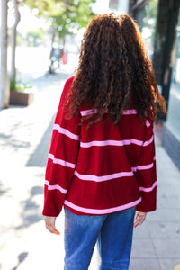 Fall For You Stripe Notched Neck Collared Oversized Sweater in Crimson