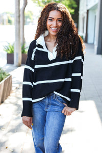 Fall For You Stripe Notched Neck Collared Oversized Sweater in Black