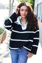 Load image into Gallery viewer, Fall For You Stripe Notched Neck Collared Oversized Sweater in Black
