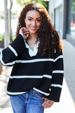 Load image into Gallery viewer, Fall For You Stripe Notched Neck Collared Oversized Sweater in Black
