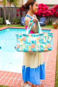 Collapsible Canvas & Nylon Tote in Turquoise Pineapple Print