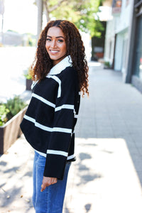 Fall For You Stripe Notched Neck Collared Oversized Sweater in Black