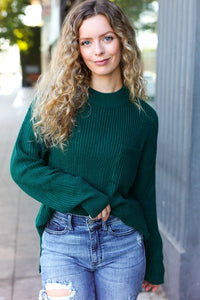 Classy Chic Mock Neck Chest Pocket Knit Sweater in Hunter Green