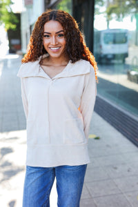 Easy Living Textured Knit Notch Neck Oversized Collar Sweater in Oatmeal