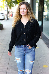 Follow Me Pointelle Knit Button Down Cardigan in Black