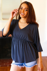 Easy To Love Babydoll Dolman Modal V Neck Top in Charcoal