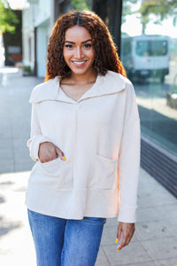 Easy Living Textured Knit Notch Neck Oversized Collar Sweater in Oatmeal