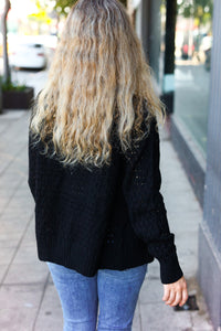 Follow Me Pointelle Knit Button Down Cardigan in Black