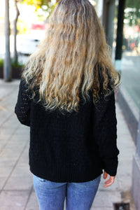 Follow Me Pointelle Knit Button Down Cardigan in Black