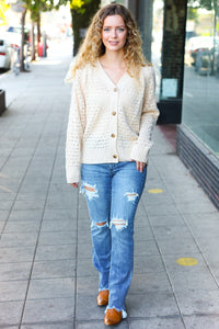 Follow Me Pointelle Knit Button Down Cardigan in Oatmeal