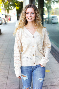 Follow Me Pointelle Knit Button Down Cardigan in Oatmeal