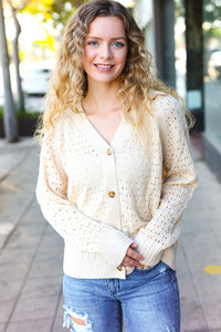 Follow Me Pointelle Knit Button Down Cardigan in Oatmeal