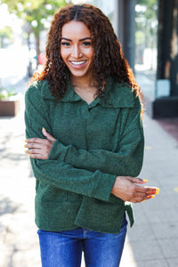 Easy Living Textured Knit Notch Neck Oversized Collar Sweater in Olive