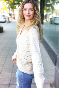 Follow Me Pointelle Knit Button Down Cardigan in Oatmeal