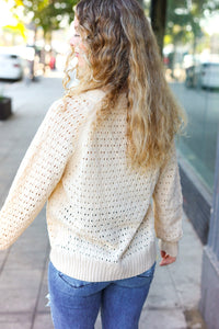 Follow Me Pointelle Knit Button Down Cardigan in Oatmeal