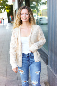 Follow Me Pointelle Knit Button Down Cardigan in Oatmeal