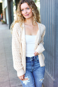 Follow Me Pointelle Knit Button Down Cardigan in Oatmeal