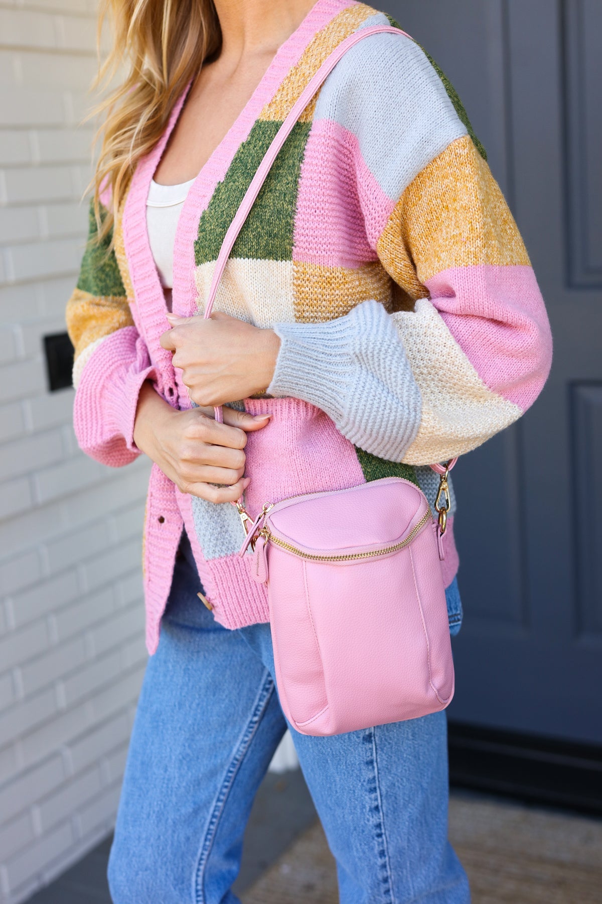 Chic and Playful Vegan Leather Two Pocket Mini Cross Body in Pink