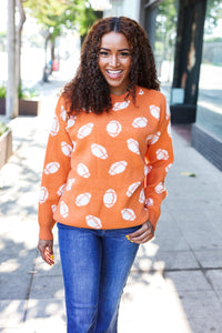 Game Day Football Print Jacquard Knit Sweater in Orange