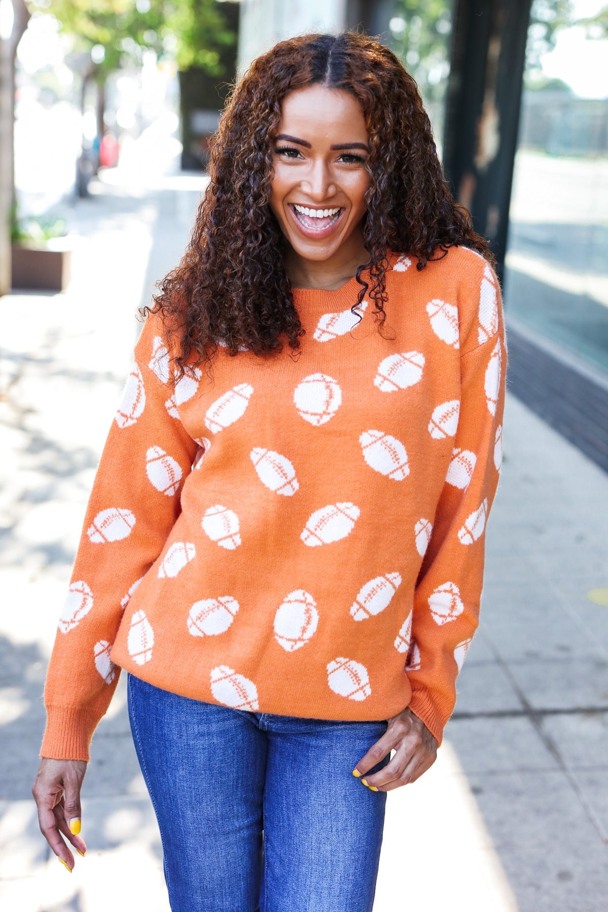 Game Day Football Print Jacquard Knit Sweater in Orange