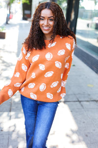 Game Day Football Print Jacquard Knit Sweater in Orange