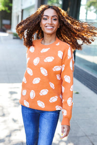 Game Day Football Print Jacquard Knit Sweater in Orange