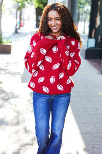 Game Day Football Print Jacquard Knit Sweater in Red