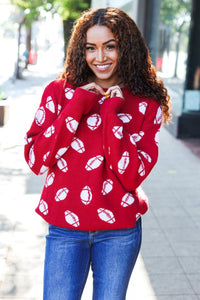 Game Day Football Print Jacquard Knit Sweater in Red