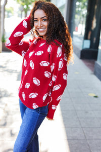 Game Day Football Print Jacquard Knit Sweater in Red