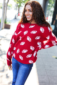 Game Day Football Print Jacquard Knit Sweater in Red