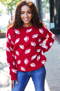 Game Day Football Print Jacquard Knit Sweater in Red