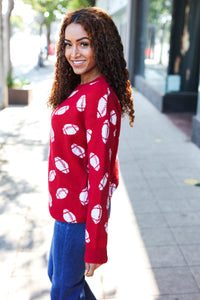 Game Day Football Print Jacquard Knit Sweater in Red